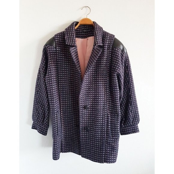 1980s 1990s Vintage Wool Pea Coat with Leather Shoulder Details, Size M - Picture 1 of 9